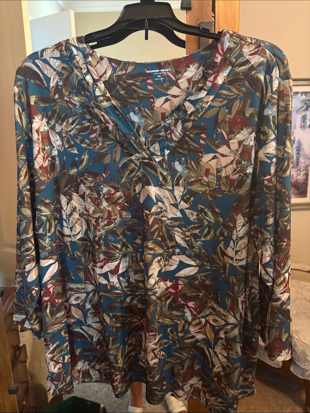 Allison Daley Teal Multicolor Leaf-Print Blouse